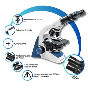 Microscópio Binocular com Ótica Finita Acromática LED - Aumento 1000x