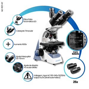 Microscopio Trinocular Otica Finita Acromatico Led Aumento 1600x C/ Bateria