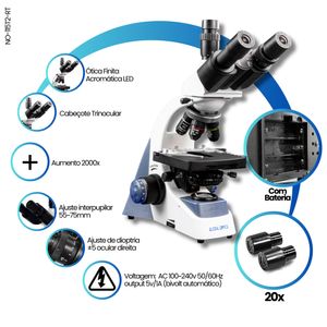 Microscopio Trinocular Otica Finita Acromatico Led Aumento 2000x C/ Bateria