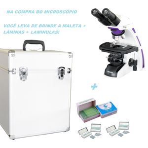Microscopio Binocular Otica Infinita Planacromatico Led 1000X C/ Maleta Transporte, Lamina e Laminulas