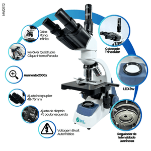 Microscopio Trinocular Otica Infinita Planacromatico Led 3W 2000x